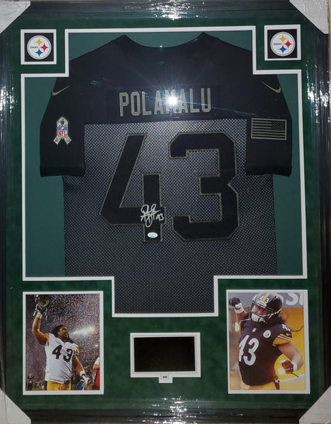 Pittsburgh Steelers Troy Polamalu Autographed Authentic Nike Salute to Service Video Framed Jersey with Suede Upgrade (JSA)