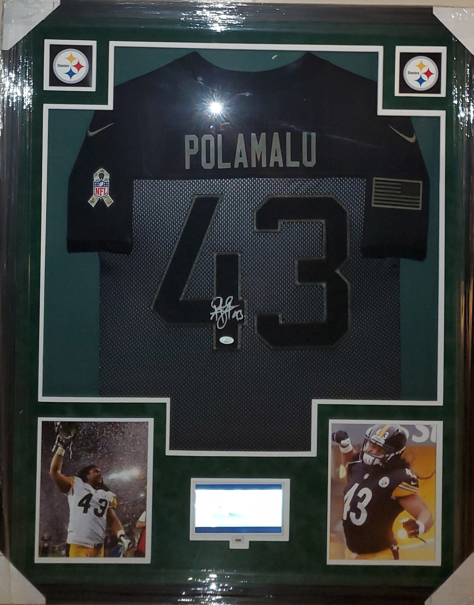 Pittsburgh Steelers Troy Polamalu Autographed Authentic Nike Salute to Service Video Framed Jersey with Suede Upgrade (JSA)
