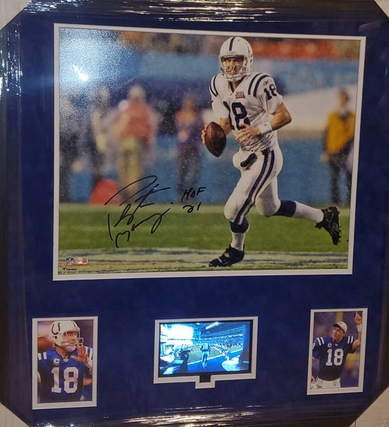 Indianapolis Colts Video Framed Autographed Peyton Manning 16x20 with HOF 21 Inscription and Suede (Fanatics)