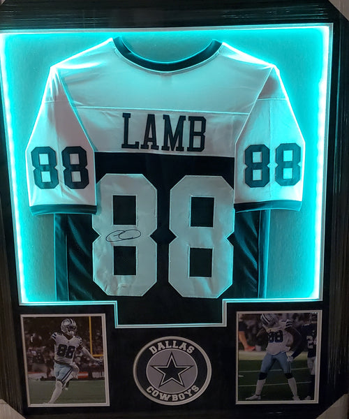 Dallas Cowboys Ceedee Lamb Framed Autographed Custom Jersey with LED Lights & Suede Upgrade (JSA)