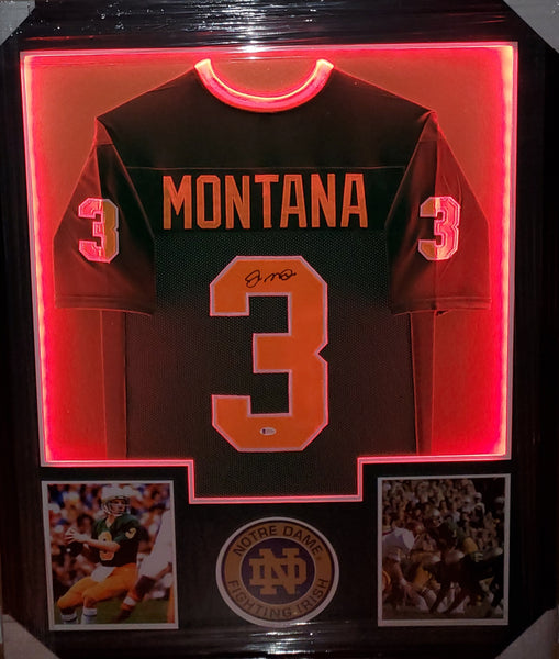 Notre Dame Joe Montana Framed Autographed Custom Jersey with LED Lights (BAS)