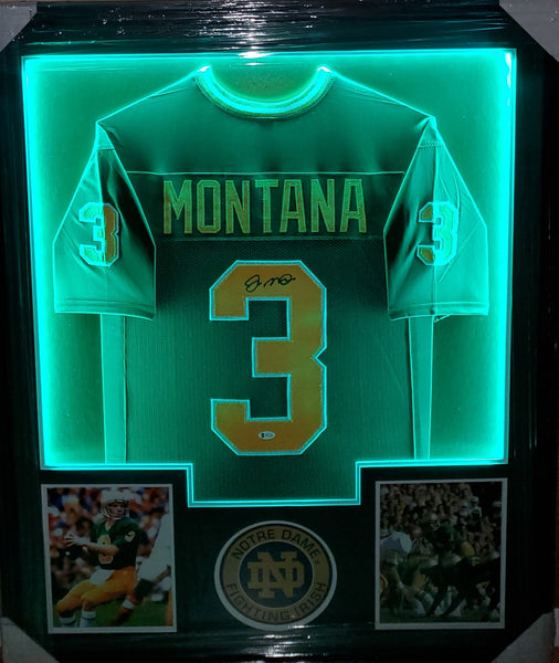 Notre Dame Joe Montana Framed Autographed Custom Jersey with LED Lights (BAS)