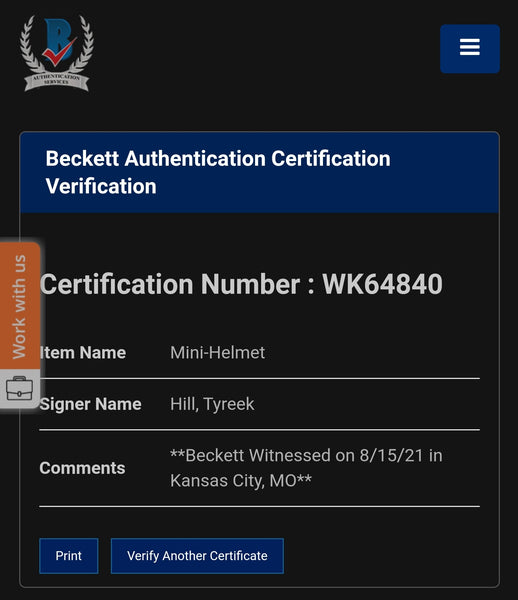 Kansas City Tyreek Hill Autographed Eclipse Speed Mini Helmet (BAS)