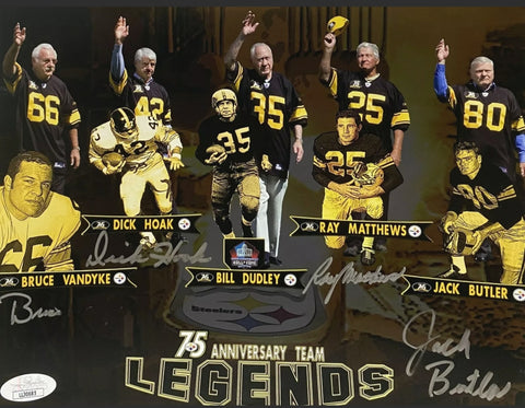 (DAMAGED) Pittsburgh Steelers Legends Autographed 8x10 Four Signatures Dick Hoak, Jack Butler, Ray Matthews, and Bruce VanDyke (JSA).