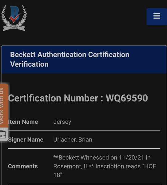 Brian Urlacher Stat Custom Jersey with HOF 18 Inscription (BAS).